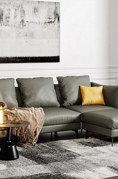 Modern Living Room Interior With Grey Sofa Yellow Cushion Painting And Rug 3d model