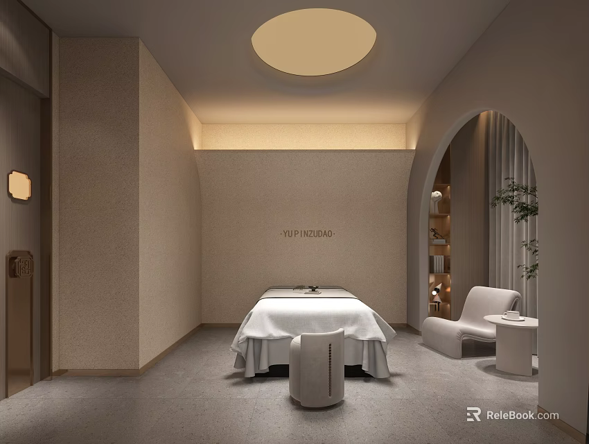 Serene SPA Room Interior With Massage Bed White Sheets Arched Doorway Shelf And Plants 3d model 