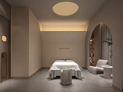 Serene SPA Room Interior With Massage Bed White Sheets Arched Doorway Shelf And Plants 3d model