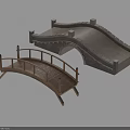 Two Different Arch Bridges With Wooden And Stone Structures And Railings