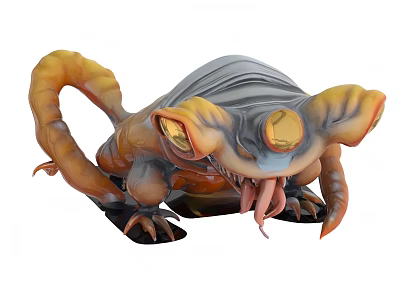 Fantasy Monster With Yellow Gray Body Large Golden Eyes Long Tongue And Tentacles 3d model