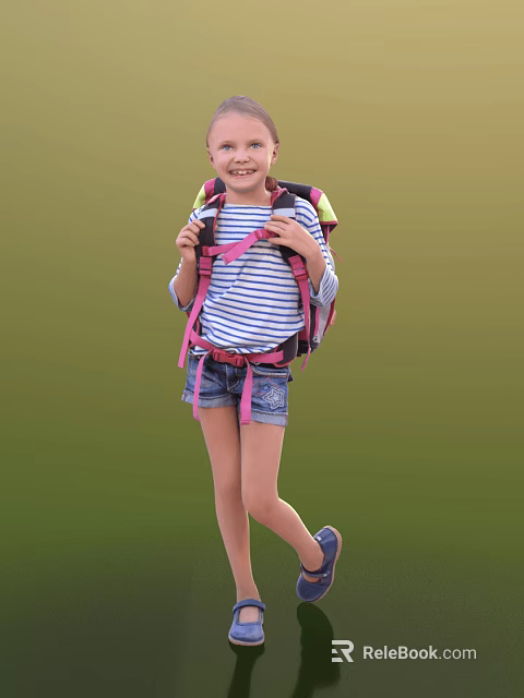 Happy Child With Pink Backpack In Striped Shirt And Denim Shorts Smiling On Green Background 3d model 