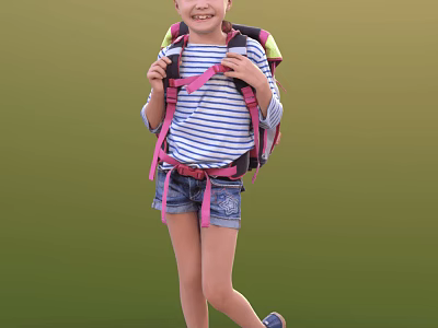 Happy Child With Pink Backpack In Striped Shirt And Denim Shorts Smiling On Green Background 3d model