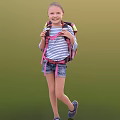 Happy Child With Pink Backpack In Striped Shirt And Denim Shorts Smiling On Green Background