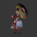 Woman in Vibrant Traditional Outfit Holding Colorful Umbrella with Sequined Details Against Gray Background