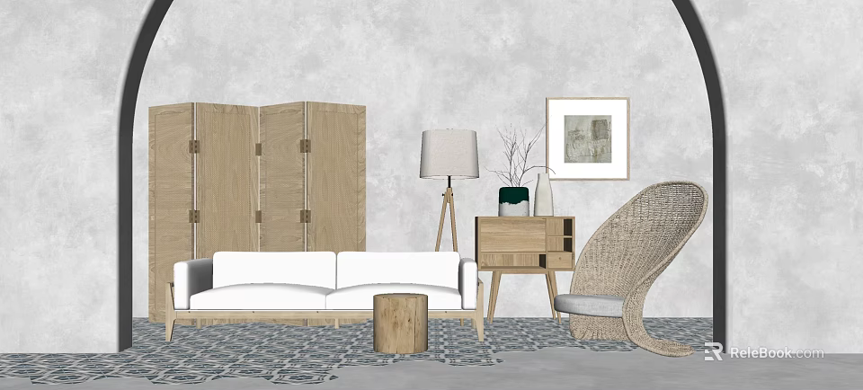 White Sofa Set Interior With Wicker Chair Wooden Screen Floor Lamp And Gray Rug 3d model 