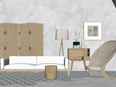 White Sofa Set Interior With Wicker Chair Wooden Screen Floor Lamp And Gray Rug 3d model