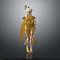 Woman In Golden Robe With White Long Hair And Golden Headdress Standing Against Black Background