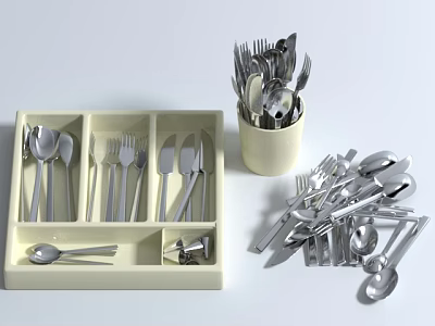 Complete Cutlery Set with Organized Storage Tray and Container for Spoons Forks Knives 3d model