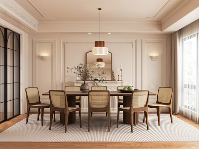 Elegant Dining Room Interior Design With Wooden Table Chairs Pendant Light And Light Colored Walls 3d model