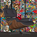 Classic Black Leather Single Chair With Wooden Armrests And Metal Base Against Colorful Graffiti Wall