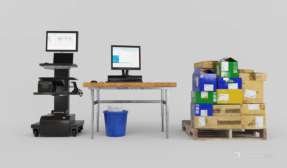 Commercial Equipment With POS System Computer Mobile Cart Trash Bin And Stacked Boxes 3d model 