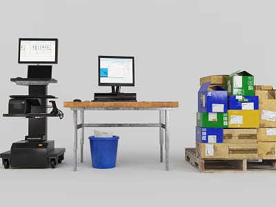 Commercial Equipment With POS System Computer Mobile Cart Trash Bin And Stacked Boxes 3d model