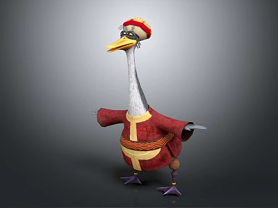 Cartoon Goose Character In Red Outfit With Yellow Trimmed Hat And Standing Pose 3d model