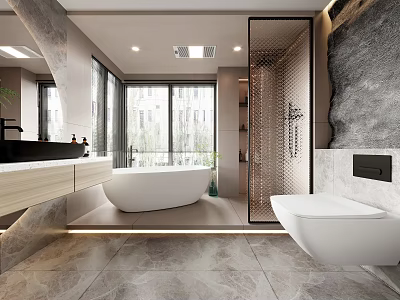 Modern Bathroom Interior Design With Large Windows Glass Shower And White Bathtub 3d model