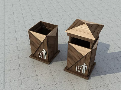 Public Facilities Two Wooden Trash Bins Featuring Waste Sorting Signs And Square Structure 3d model
