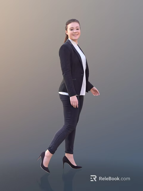 Woman In Black Blazer And White Shirt Standing Against Gray Background 3d model 