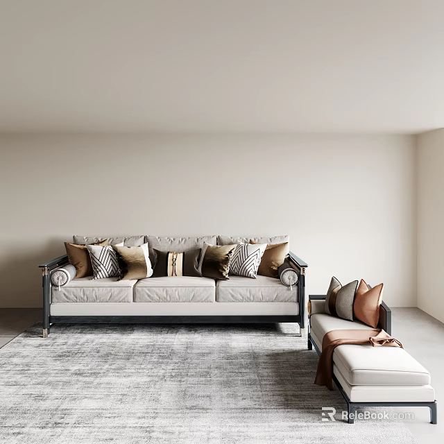 Light Gray Casual Sofa Set With Multiple Pillows And Ottoman In Minimalist Room 3d model 
