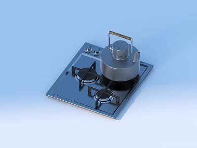 Modern Gas Stove With Two Burners And Metal Pot On Black Surface 3d model