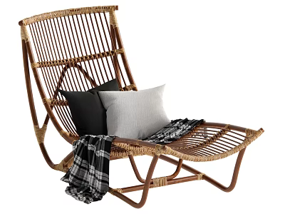 Wicker Chaise Lounge with Black and Gray Cushions and Black White Plaid Blanket 3d model