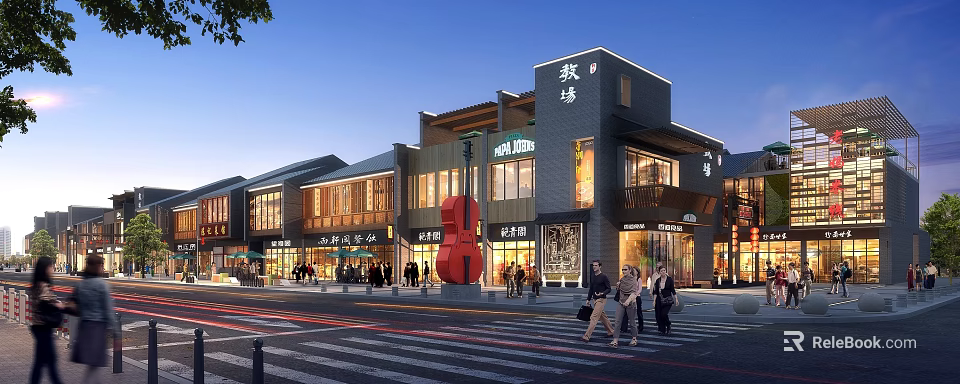 Vibrant Commercial Street With Red Violin Sculpture Lively Shops And Pedestrians At Dusk 3d model 