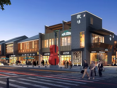 Vibrant Commercial Street With Red Violin Sculpture Lively Shops And Pedestrians At Dusk 3d model