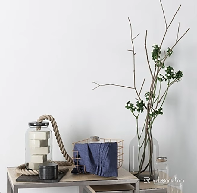 Home Decorative Ornament Combination With Glass Jars Rope Metal Rack Blue Cloth And Clear Vase 3d model 