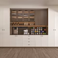 Colorful Mugs Neatly Arranged On Wooden Shelf With Cabinets In Kitchen