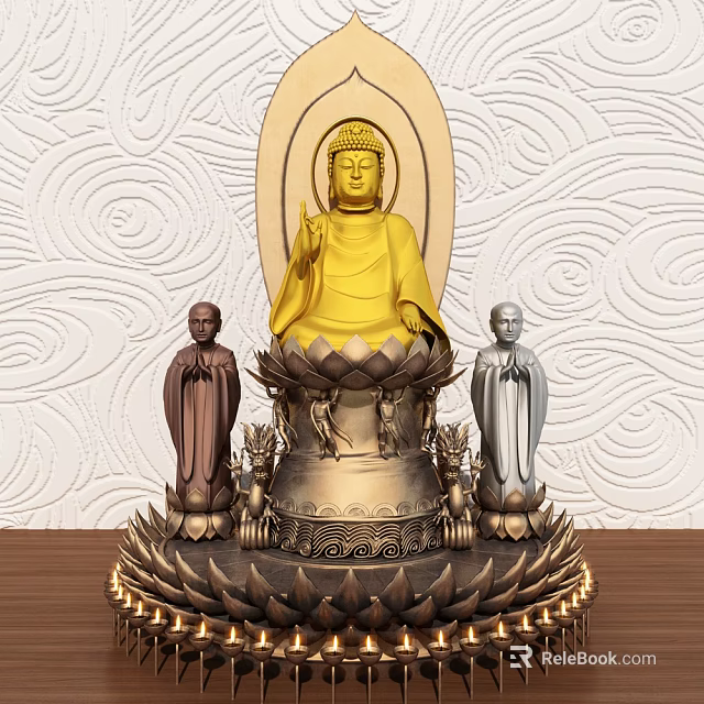Golden Buddha Sculpture With Two Smaller Statues And Intricate Lotus Base Design 3d model 