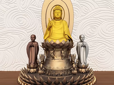 Golden Buddha Sculpture With Two Smaller Statues And Intricate Lotus Base Design 3d model