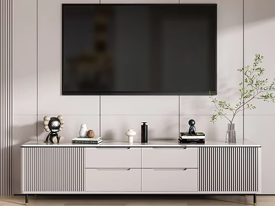 Modern White Ribbed TV Stand With Drawers Decorative Items And Potted Plant 3d model