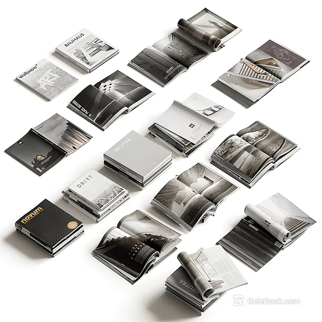 Art Books Magazines With Open Pages And Black White Images Stacked 3d model 