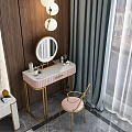 Elegant Modern Dressing Table Interior With Round Mirror Pink Countertop Gold Frame And Pink Chair