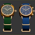 Fashionable Watches With Green And Blue Straps Metallic Dials And Golden Frames Design
