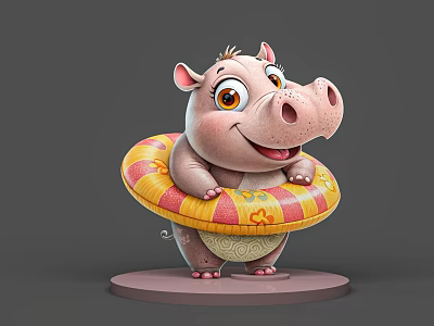 Cute Cartoon Reptile Character With Colorful Inflatable Ring On Round Base 3d model