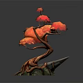 Cartoon Scene Featuring Tree With Red Orange Leaves Twisted Trunk Coiled Roots And Rock Base