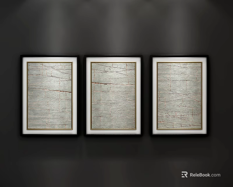 Three Framed Abstract Paintings With Gray Cracked Textures Hanging On Dark Wall Under Spotlight 3d model 