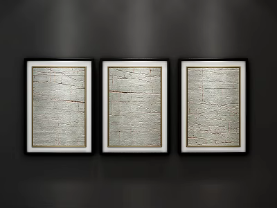 Three Framed Abstract Paintings With Gray Cracked Textures Hanging On Dark Wall Under Spotlight 3d model