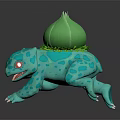 Blue Lizard Like Creature with Red Eyes Green Bulb on Back and Green Leaves