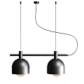 Two Modern Black Dome Shaped Pendant Lights Hanging On Black Rod With Illuminated Bulbs