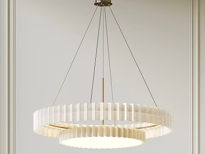 Modern White Two Tiered Circular Chandelier with Ribbed Design and Metal Wires in Minimalist Room 3d model