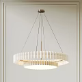 Modern White Two Tiered Circular Chandelier with Ribbed Design and Metal Wires in Minimalist Room