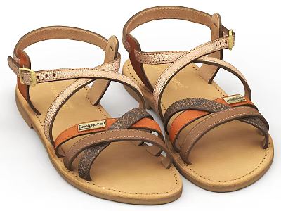 Women's Cross Strap Sandals With Brown Orange Beige Straps Flat Sole And Metal Buckles 3d model