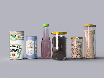 Different Packaged Food Items Including Canned Tomato Sauce Bottled Drink Jarred Cookies And Noodles 3d model