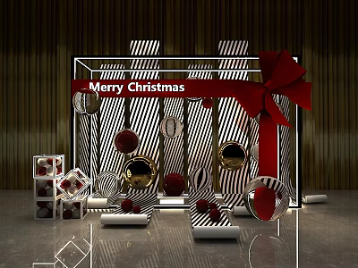 Merry Christmas Decoration Display With Red Bow Black White Stripes And Ornaments 3d model
