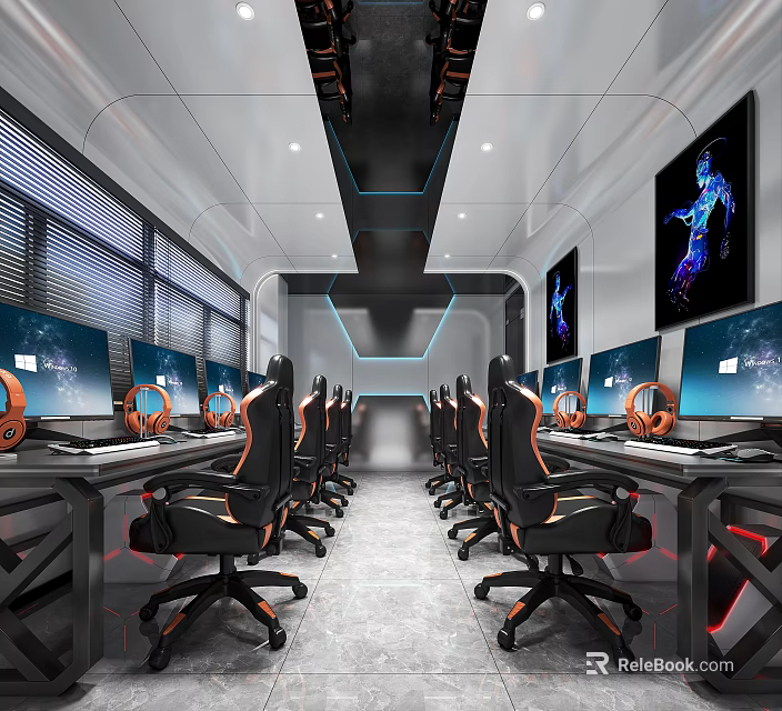 Modern Gaming Cafe Interior With Multiple Computers Gaming Chairs And Large Screens 3d model