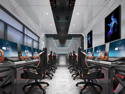Modern Gaming Cafe Interior With Multiple Computers Gaming Chairs And Large Screens 3d model