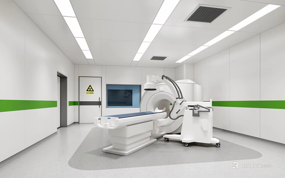 Medical Scanner Room With Large Medical Scanner White Walls Green Stripes Ceiling Lights And Examination Table 3d model 