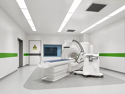 Medical Scanner Room With Large Medical Scanner White Walls Green Stripes Ceiling Lights And Examination Table 3d model