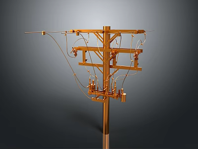 Golden Electrical Utility Pole With Cross Arms Wires Insulators And Equipment 3d model